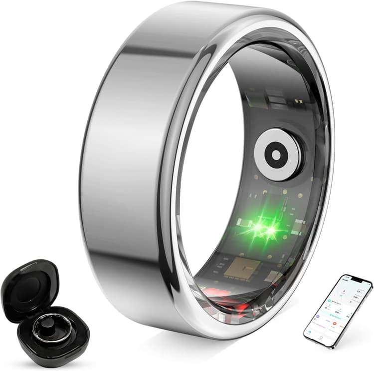 Bague Connectée Smart Ring pour Femme et Homme, Tracker Fitness avec Moniteur Fréquence Cardiaque, Sommeil, 100+ Sports, Podomètre, Étanche IP68, Sans Abonnement pour iOS/Android (Argenté, 9)