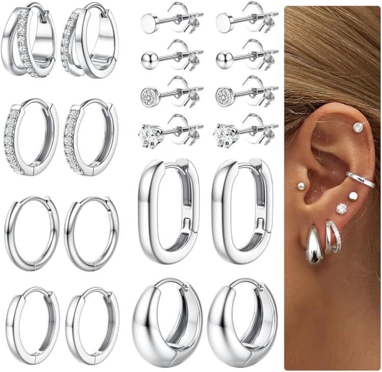 Dochais 10 paires boucles d'oreilles or/argent 316L acier chirurgical, créoles huggies or， 14 carats plaquées boucle d'oreilles zircone hypoallergénique, pour femmes avec plusieurs piercings