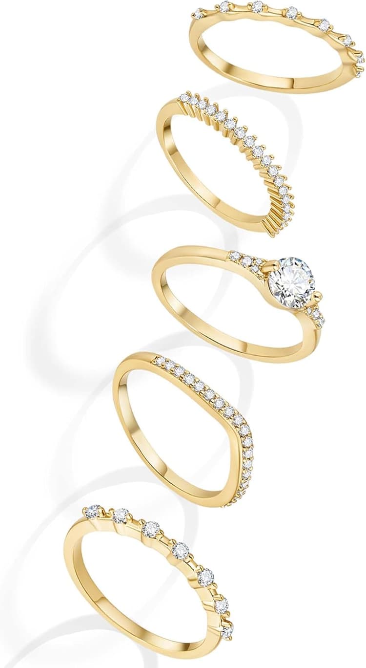 5Pcs 52-62 Bague Femme or Imitation Fiançailles Et Mariage Plaqué or 14K Avec Zirconium Empilables Promesse Alliance Bague Pouce Tendance or Blanc Bijoux Pour Ma Copine Maman