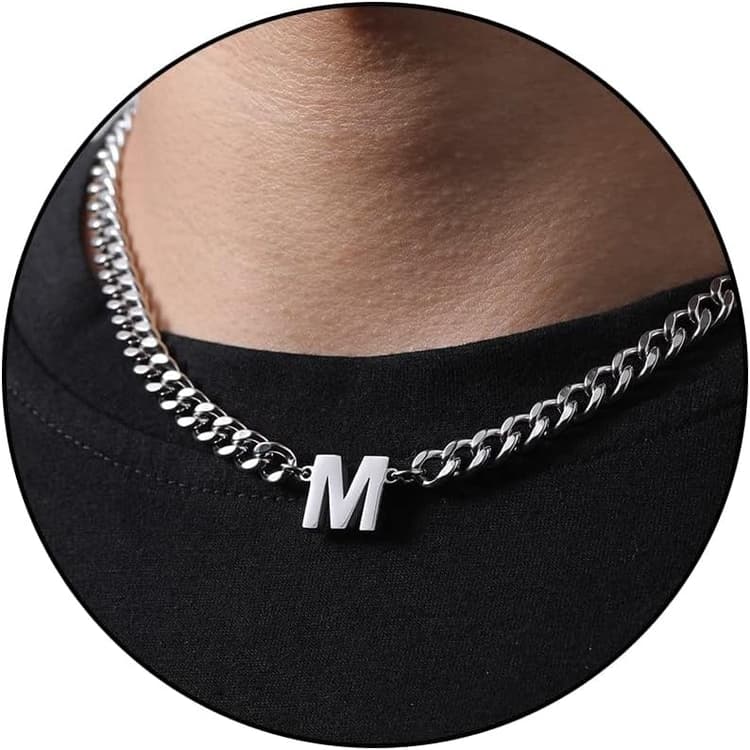 Chaine Acier Inoxydable Collier Homme Lettre A-Z Argent Or Noir Chaîne Cubaine Réglable Cadeau Homme Garçon 18+2 Inches