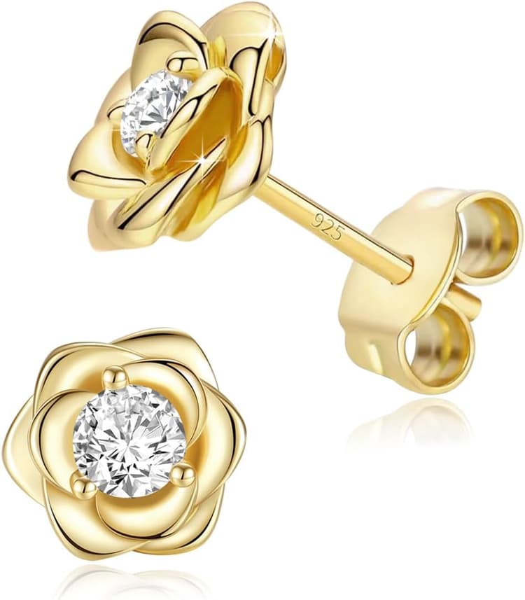 Rose Flower Gold Plated Stud Earrings For Women 925 Sterling Silver Post,Cubic Zirconia Hypoallergenic & Nickel Free Jewelry