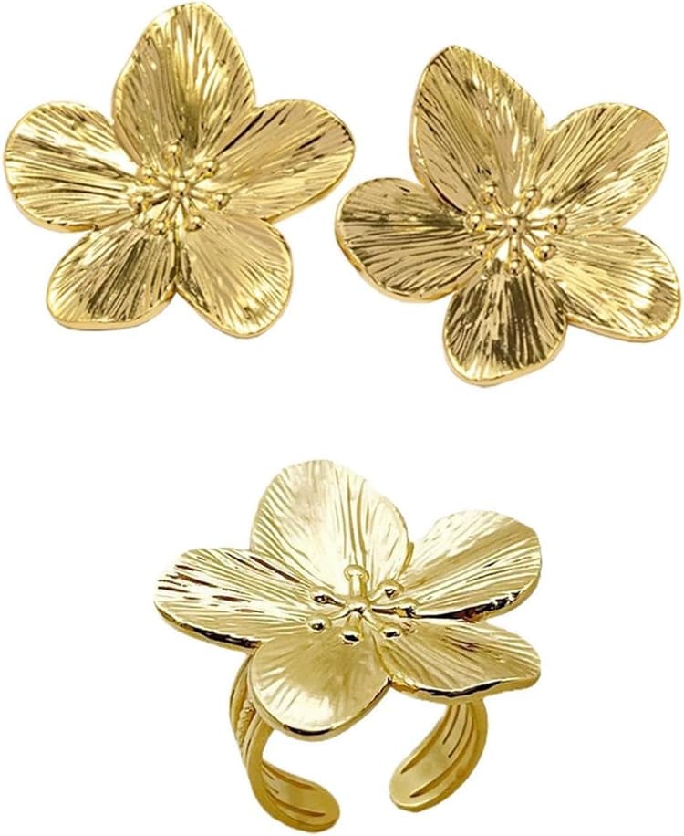 1 Paire De Boucles D'Oreilles Fleurs Et 1 Bague Fleur, Bijoux Vintage, Élégantes, Bague Ouverte, Fantaisie Pour Femme
