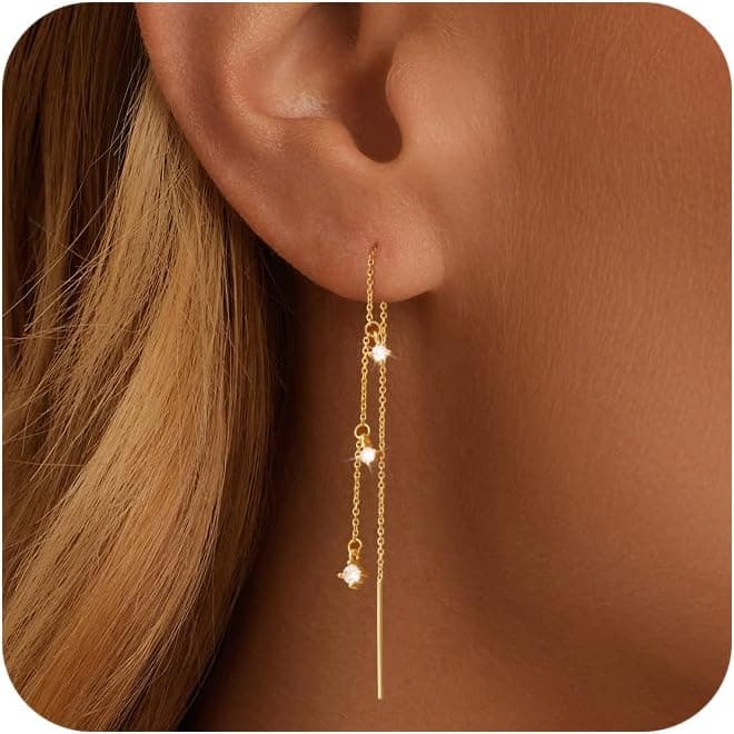 NECOCY Dangle Earrings for Women 14K Gold Plated Drop Earrings Dainty Long Hanging Chain CZ Pearl Threader Earrings Trendy Silver Plated Jewelry for Women