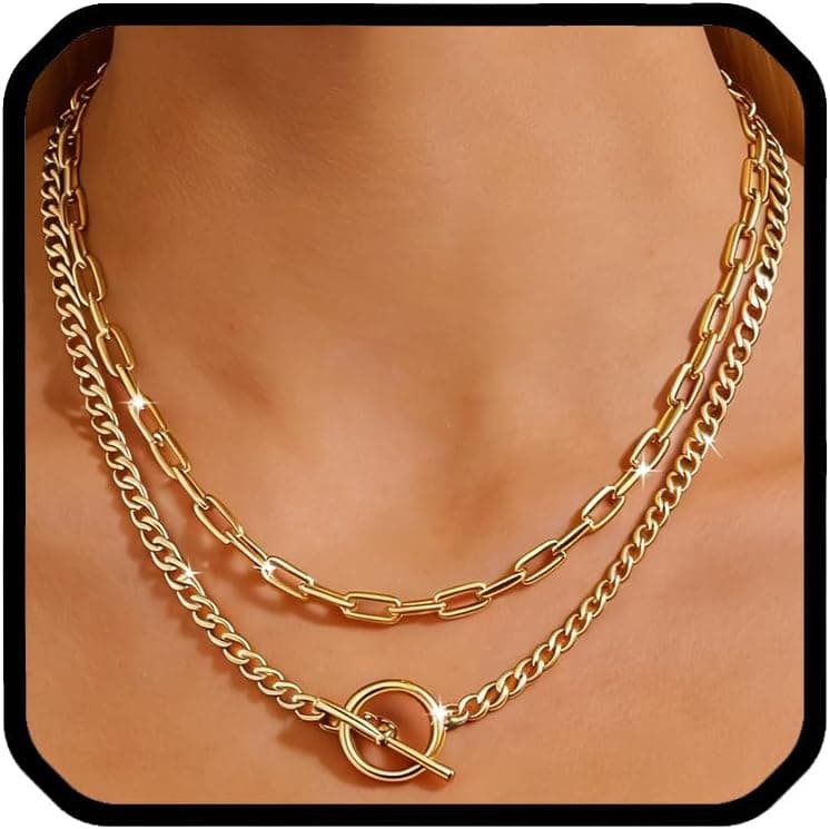 Gold Chunky Layered Necklaces for Women Adjustable Trendy Paperclip with Cuban Link and Toggle Clasp Jewelry Gift Set for Her