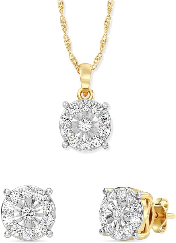 GILDED 1 CTTW Lab-Grown Diamond Round Necklace & Earring Set, Sterling Silver or 14K Gold-Plated, 18" Chain, Tarnish-Resistant, Elegant & Ethical Jewelry for Women, Gift-Boxed, Perfect for Gifting