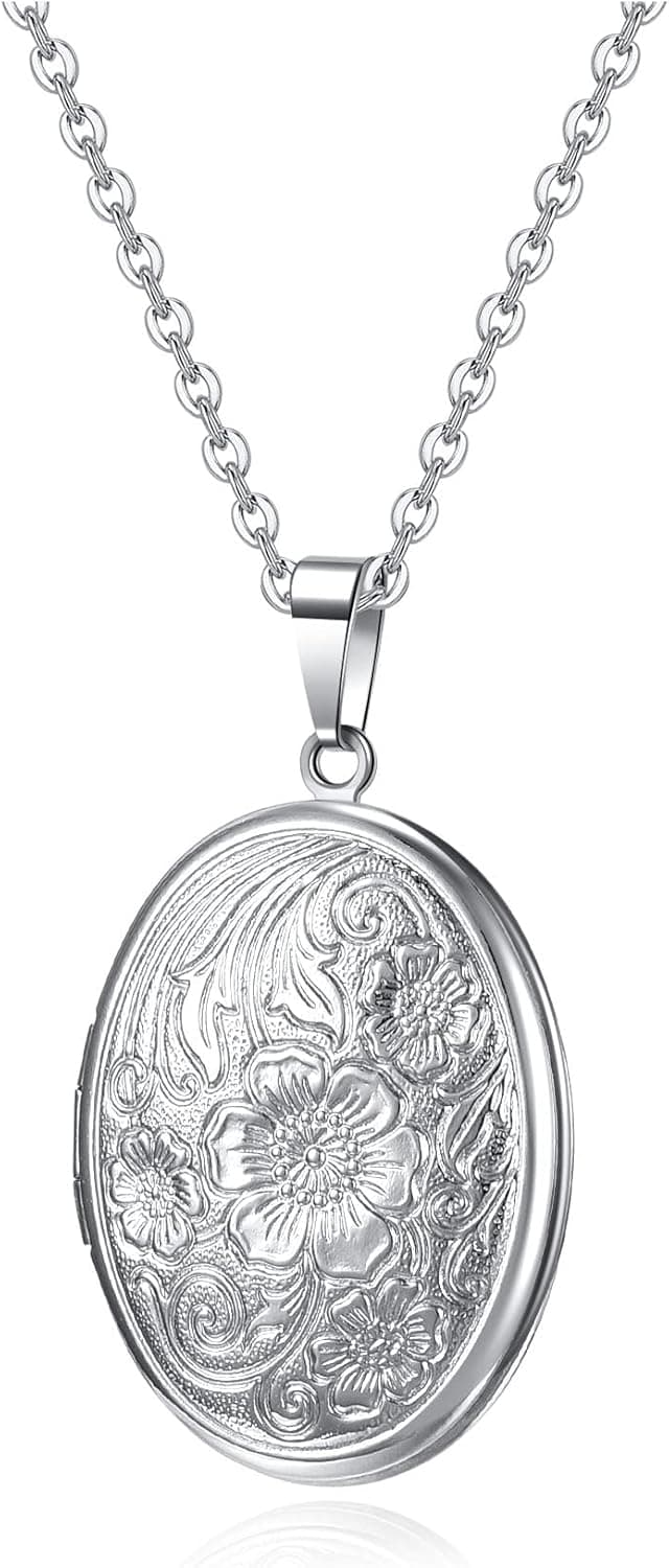 Collier Médaillon Photo Pendentif Ovale Ouvrant Personnalisé Graver Fleur Vintage Porte Photo Acier Inoxydable Bijoux Cadeau Anniversaire Saint-Valentin Fête des Mères(Argent)