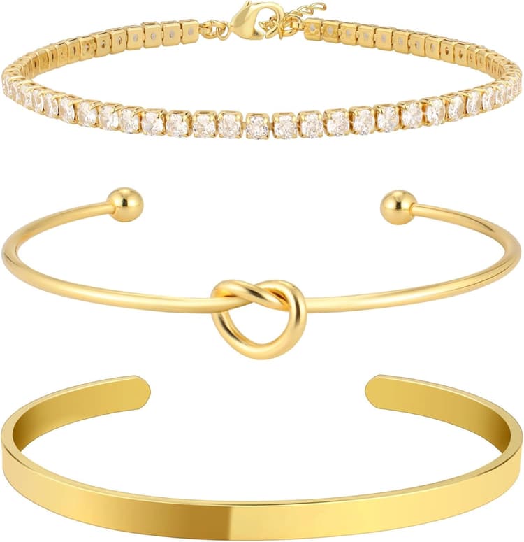 Gold Bangle Cuff Knot Bracelet for Women Stack Non Tarnish Gold Plated Cubic Zirconia Tennis Bracelets Jewelry Set for Women Trendy