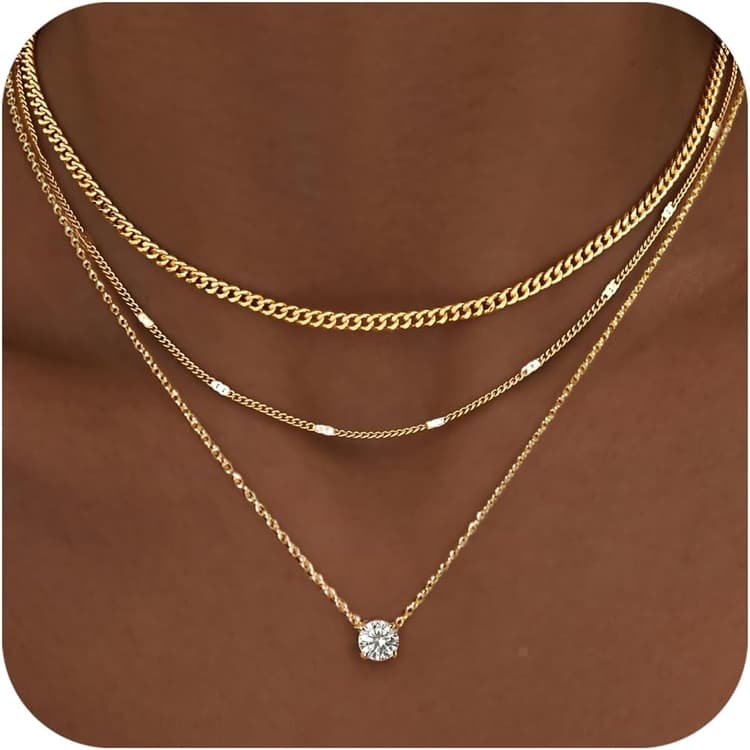 WomenGifts Layered Gold Necklaces for Women, 14K Gold Sterling Silver Plated Dainty Pendant Necklace Set with Cubic Zirconia Circle, Chunky Stackable Cuban Chain Choker, Trendy Personalized Birthstone Jewelry Gift Non Tarnish