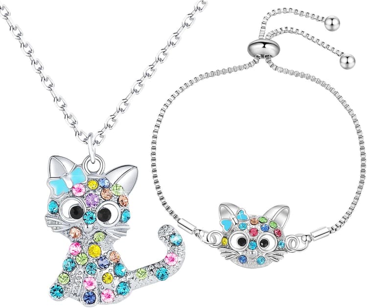 Lovely Rainbow Rhinestone Cat Jewelry Set For Girls Pendant Necklace Girl Jewelry Gift For Girls Daughter Granddaughter Niece Christmas Gift Girl Birthday Gift over 3 years old.