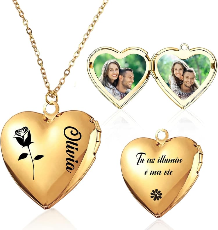 Collier Personnalisé Photo pour Femme avec Photo Nom Texte Personnalisable Collier Médaillon Cœur avec Image à l'intérieur Cadeau pour Petite Amie épouse Maman
