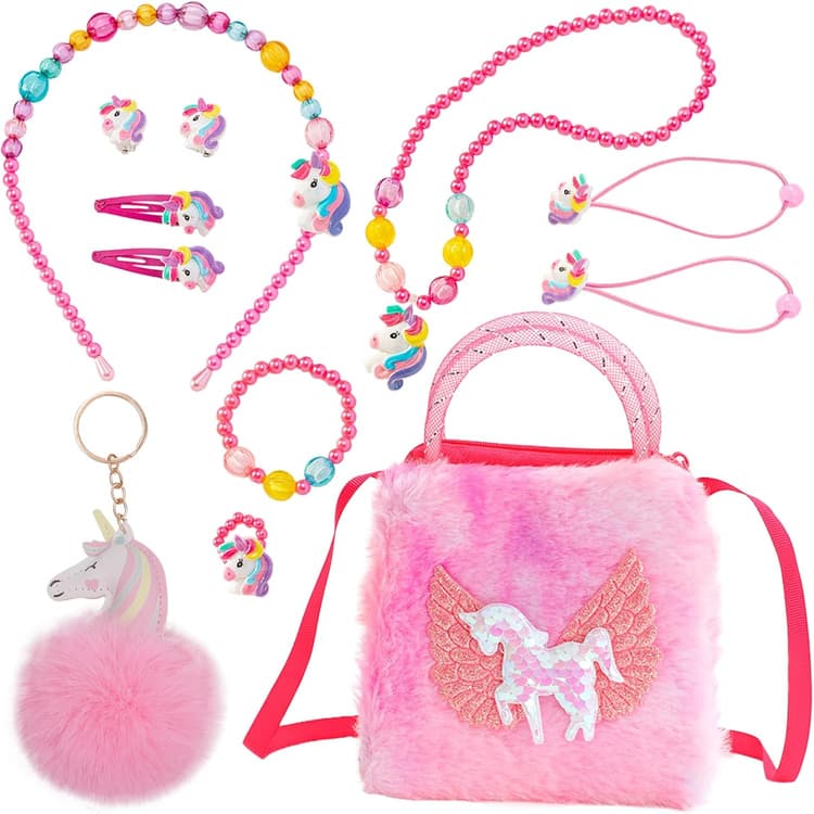 12 Pièces Unicorn Sac avec Ensemble de Bijoux, Licorne Sac a Main