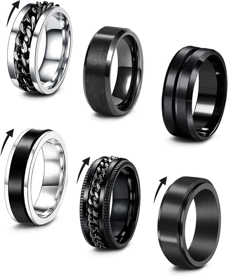 EIELO 6Pcs Stainless Steel Band Rings for Men Women Cool Fidget Spinning Chain Ring Anxiety Relief Fashion Simple Wedding Engagement Black Ring Set