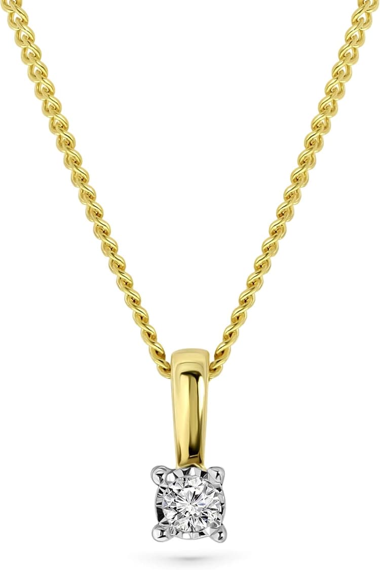 MIORE Collier pour Femmes Collier avec Pendentif Diamant Solitaire 0.03 Ct Chaîne en Or Jaune 9 Carat /375 Or, Bijoux longueur 45 cm