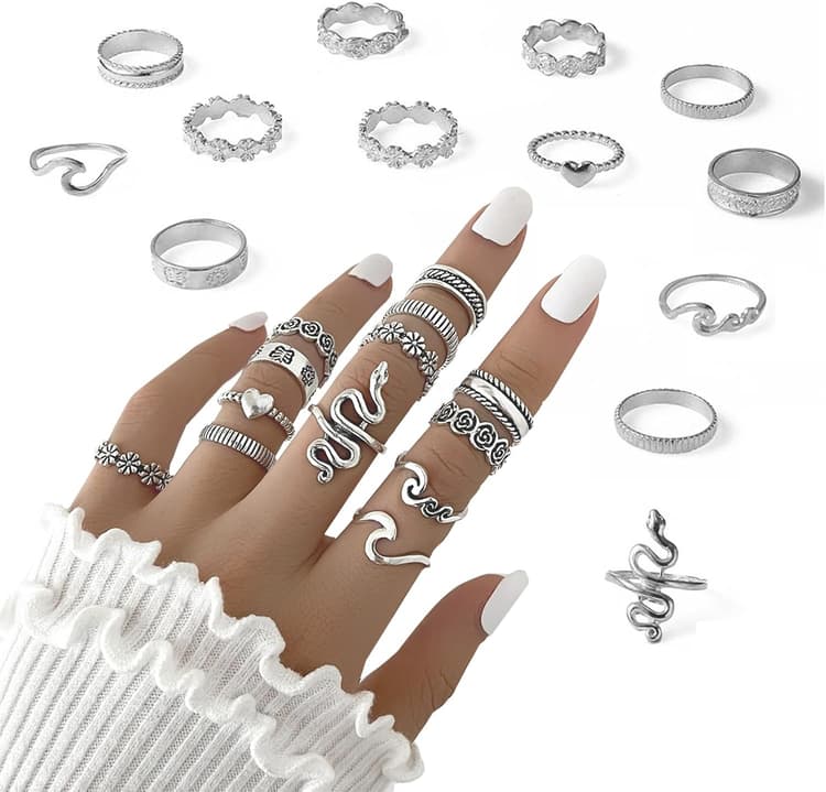 Ensemble de 13 Bagues de Phalange pour Femmes et Filles - Chaîne Serpent, Vintage Boho, Punk, Tailles Mixtes Réglables (Argent)