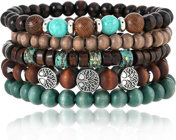 Lot de 5 bracelets de perles en bois Style ethnique bohème, Bracelet Perles Bois pour Femme avec Arbre De Vie, Cadeau pour Maman Sœur Amie