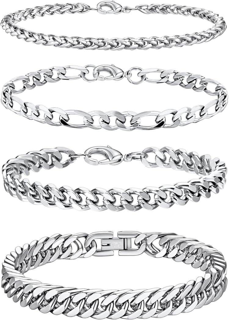 4 pièces bracelet homme argent, acier inoxydable, longueur 19 cm, largeur 4mm/7mm/8mm/8mm, bracelet cubain, style hip-hop, bijoux de mode, cadeaux pour hommes papa fils frère mari