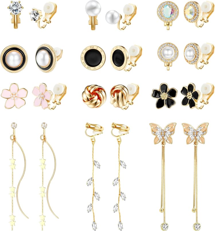 Dochais 12 Paires De Boucles d'Oreilles à Clip Pour Femmes, Boucles d'Oreilles à Clip En Argent, Boucles d'Oreilles Non Percées Hypoallergéniques, Avec Perles, Fleurs Et Papillons