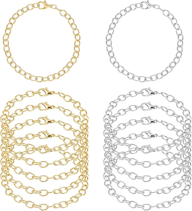12 Pieces Charm Bracelet Chain Gold Silver Charm Bracelets with Lobster Clasps Alloy Bracelet Link Chains DIY Jewelry Making Bracelets Chains for Women DIY Jewelry Making Crafts Supplies