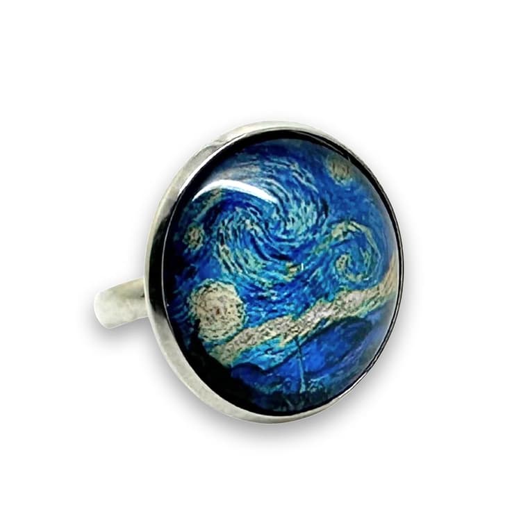 Bague fantaisie femme réglable, en acier inoxydable, cabochon en verre, vintage, rétro, originale, parure « La nuit étoilée », Van Gogh, peinture, peintre, bleu, noir (ref.15a)