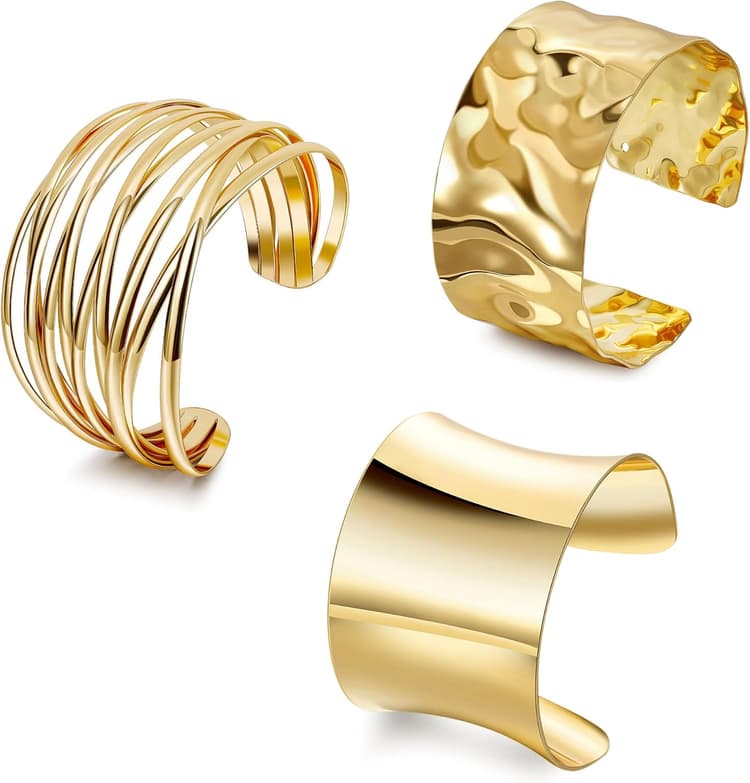 3Pcs Chunky Gold Cuff Bracelets Open Wide Bangle Bracelets Set for Women Minimalist Irregular Bracelet Statement Wrist Cuff Wrap Bracelet Jewelry