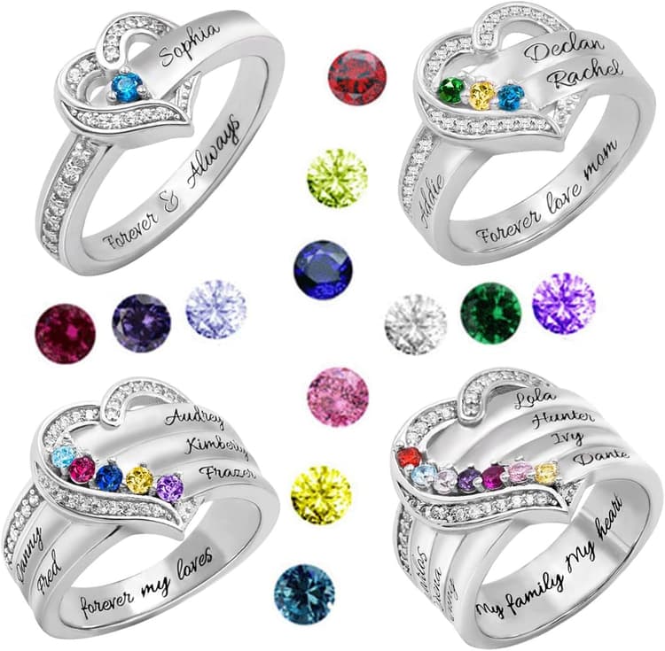 Bague De Cœur | Bague De Pierre De Naissance | Bague Nominative | Bague Familiale | Bague Personnalisée 1-8 Noms | Bijoux Personnalisés | Cadeau Personnalisé | Cadeau De Nouvelle Maman