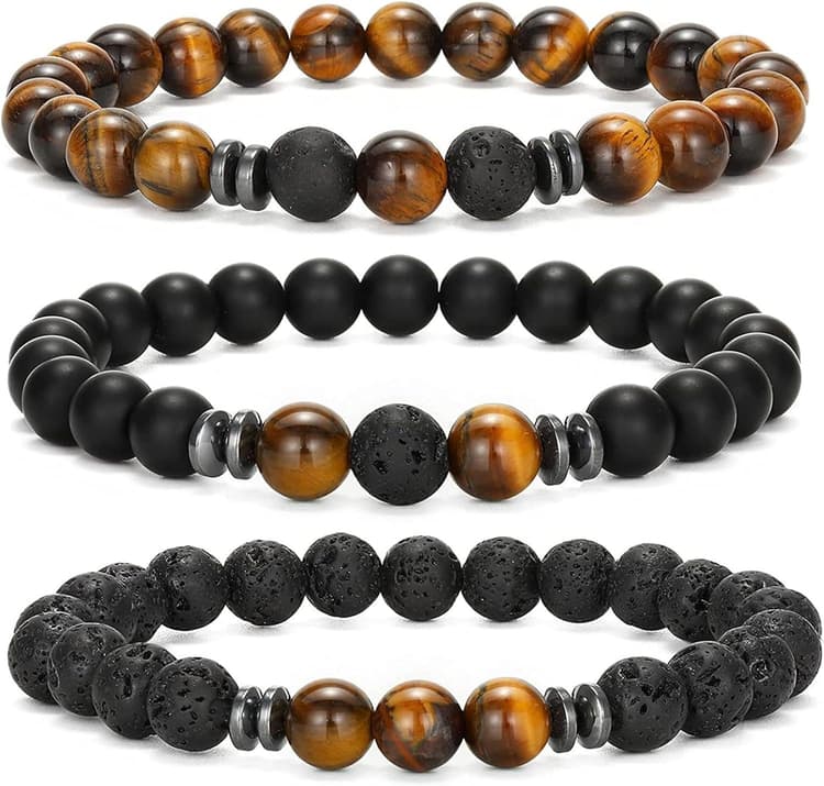 Bracelet Homme 3 Pièces Oeil de Tigre, Pierre de Lave, Chakra