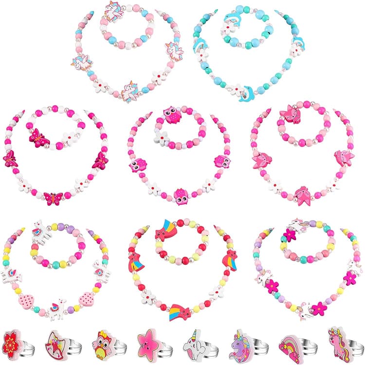 HIFOT 24 Pièce Bijoux Enfants Fille Bagues Collier Bracelet Set, Coloré Bois Perles Licorne Papillon Hibou Princesse Bijoux Accessoire pour Enfant Cadeau Anniversaire Fête