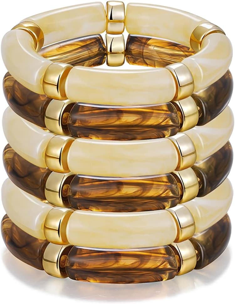 iF YOU 6pcs Chunky Acrylic Bangle Bracelets for Women, Resin Bamboo Brown Stretchy Bracelet Stack, Fashion Jewelry for Women
