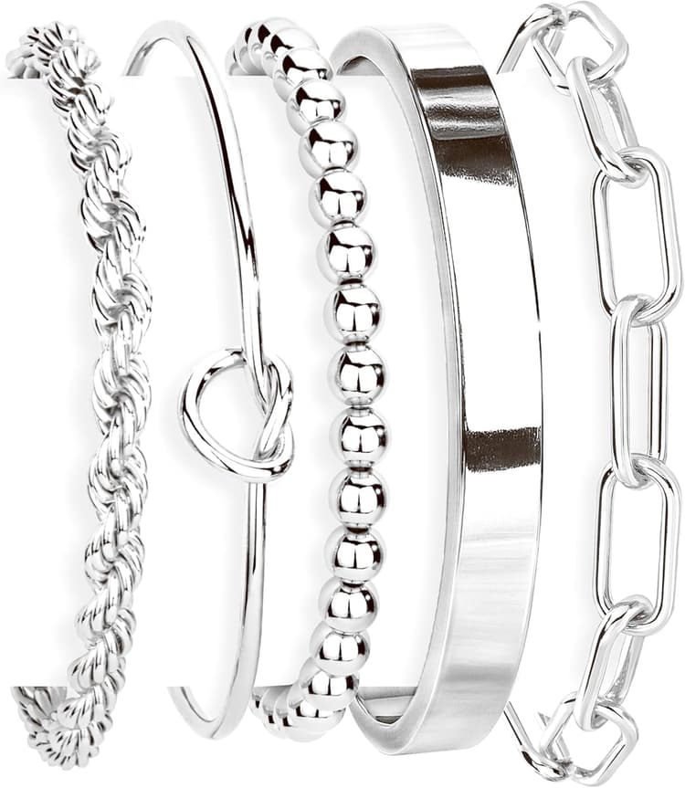 Gokeey Gold Bracelets Set for Women Non Tarnish, Waterproof 14K Gold Plated Sterling Silver Chunky Cuff Bracelet Stackable Gold Bangles Bracelet for Women Trendy Fashion Accessories Tie Knot Cuban Rope Paperclip Beaded Bracelet Stack Jewelry Mothers Day Gifts for Mom Birthday