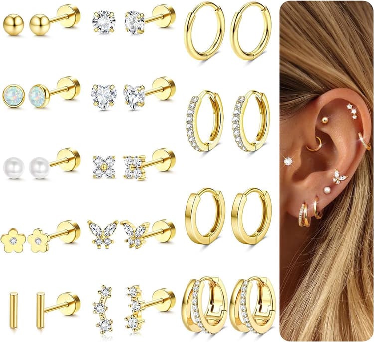 Adramata 14 Pairs Boucles d'Oreilles Femme Or Argent Hypoallergéniques Boucle d Oreille Acier Inoxydable Creoles Or Argent Boucle d'Oreille Clous Petites Cartilage Tragus Helix Piercing Oreille
