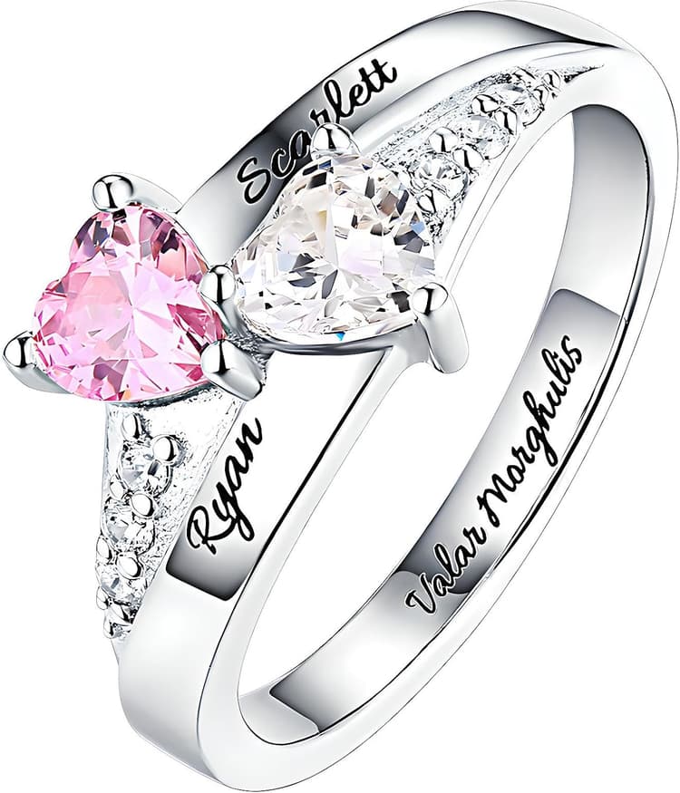 Bague de promesse personnalisée pour elle - bagues personnalisees - double coeur gravé avec 2 pierres de naissance en argent sterling 925 - Cadeau mariage anniversaire - Bague Noms graves