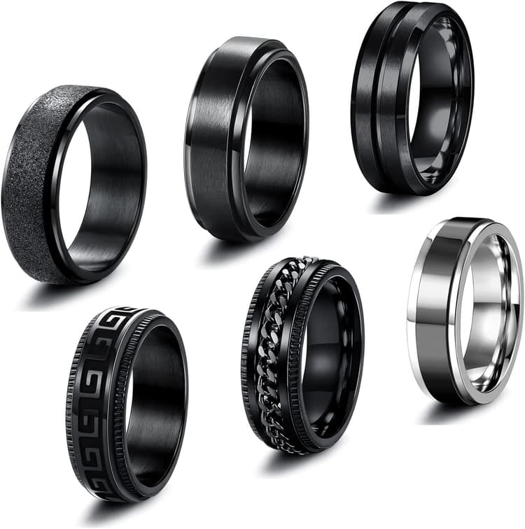 JeweBella 6 PCS Bague Hommes Acier Inoxydable Noir Tournante Chaîne Rock Bague Vintage Gothique Anneaux Mariage Promise Bande Anneau Taille 54-70