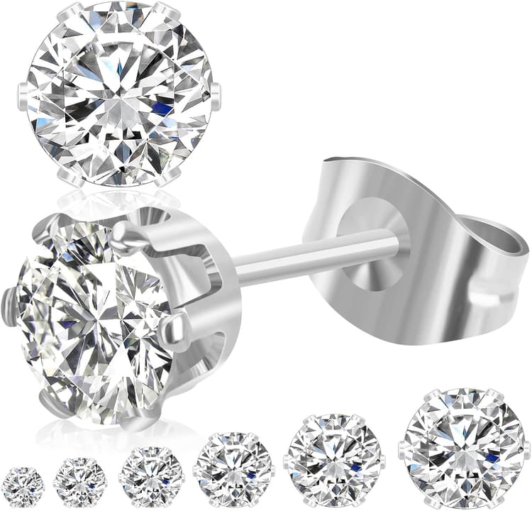 6 Pairs Stud Earrings for Women, 3-8mm Stainless Steel Cubic Zirconia Earrings Set, 14K Silver/Gold Hypoallergenic Flat Back Earring for Sensitive Ears, Jewelry Gift Idea