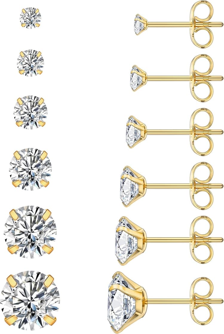 6 Pairs Stud Earrings Set, Hypoallergenic Cubic Zirconia 316L Earrings Stainless Steel CZ Earrings 3-8mm