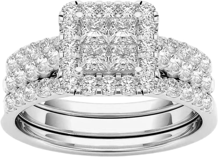 Trois en Un Bague Femme, argentées, rondes, empilables, étanches, bague de fiançailles, bague de promesse, ensemble de bijoux à offrir, pour femmes et filles