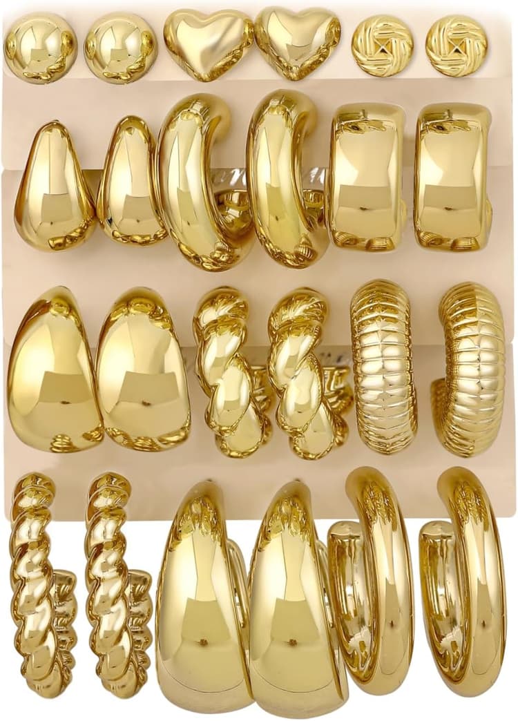 12 Pairs Chunky Gold Hoop Earrings for Women Trendy, Gold Plated Lightweight Hypoallergenic Stack, Thick Open Twisted Huggie Hoops Earring Set