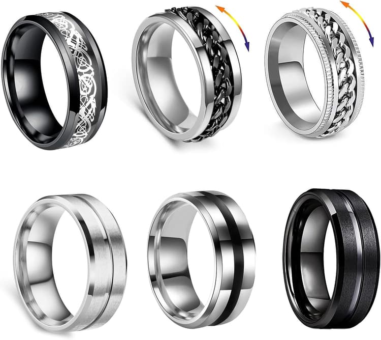Anneau de tourniquet en acier inoxydable pour hommes, 6 Pcs Anneaux de bande Fidget noir Anneaux d'anxiété Jeu de bagues tournantes noires pour hommes Taille 52/54/57/60/62/65/67