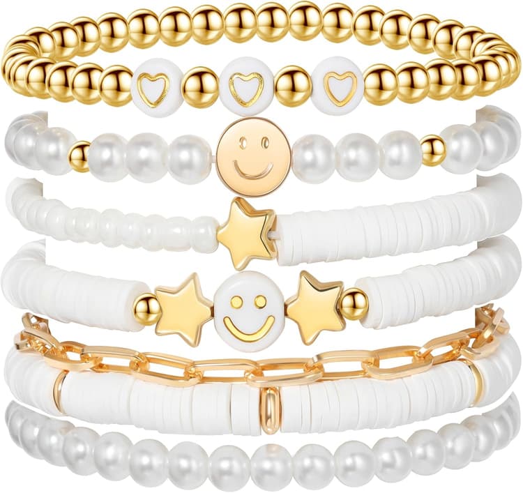 Preppy Bracelets Set Colorful White Gold Smile Heart Star Polymer Beaded Pearl Clay Stackable Charm Y2K Kidcore Aesthetic Summer Beach Bohemian Stretch Layering Bracelets Jewelry for Girls Women Teens