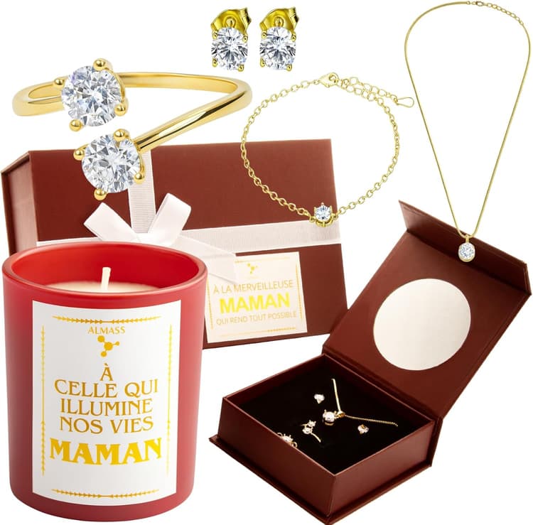 ALMASS - cadeau maman - cadeau fete des meres - anniversaire maman : boîte avec miroir + OR 14Carats un ensemble de 4 bijoux + bougie parfumée artisanale