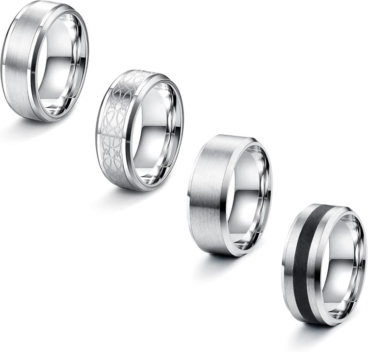 LOLIAS 4 Pcs Acier Inoxydable Hommes Bague Argent Mat Finition Poli Bande Bague Décapsuleur Anneaux Alliance De Fiançailles Promise Bague Vintage Bague pour Homme Femme 54-70