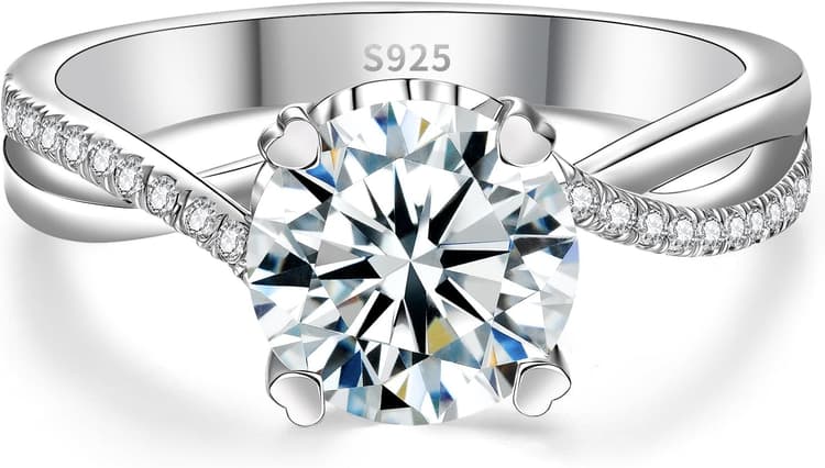 Moissanite Engagement Ring for Women, 2-4CT D Color VVS1, 925 Sterling Silver with 18K White Gold Plated, Twisted Moissanite Wedding Ring, Anniversary Promise Ring with Gift Box