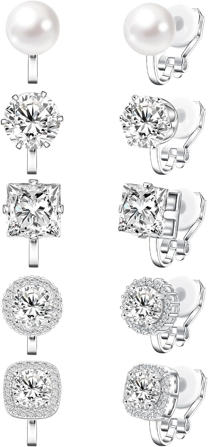 Cubic Zirconia Clip on Earrings - Women Hypoallergenic Comfortable Non Pierced Stud Earrings for Wedding and Dance Competitions, Clip-on Earrings Silver Gold