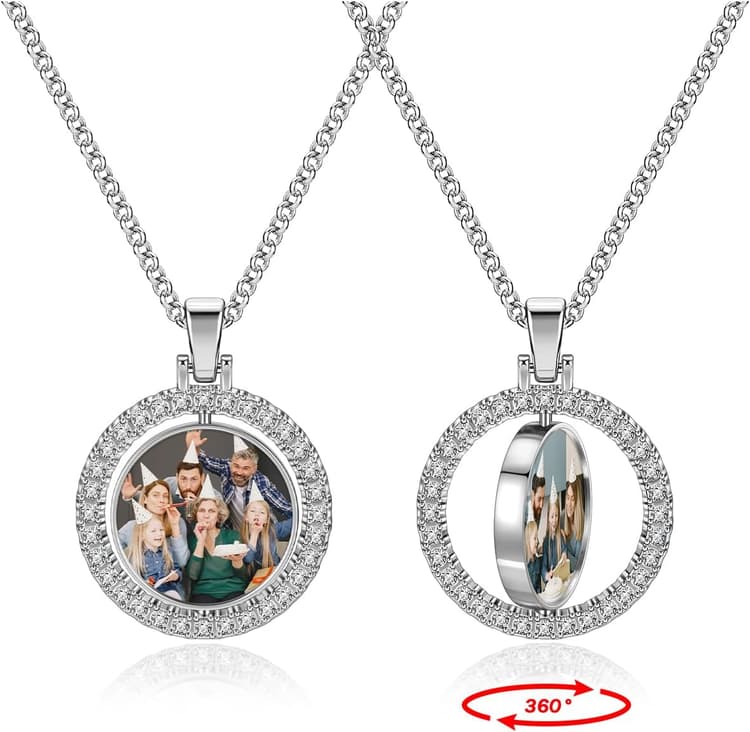 Collier Personnalisé Photo Homme Femme Double Face Pendentif Rond Tournant Strass Photo Personnalisable Cadeau Couple Amour Amoureux Amitié Famille Anniversaire Noël