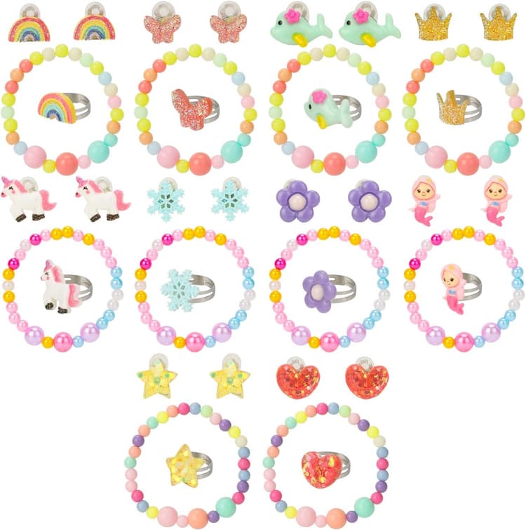 Hifot enfants fille bagues Boucles d'oreilles clip Bracelet 30 pièces, Licorne sirène papillon fleurs arc-en-ciel Princess bijoux Cadeaux set fête Accessoire
