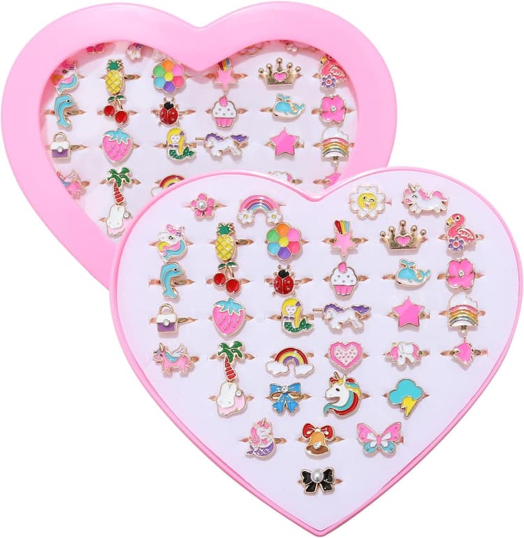 PASEMM 36pcs Little Girl Alloy Jewelry Rings, Adjustable Unicorn Rings Toys, No Duplication Kids Play Ring in Box,Dress Up for 4-12 Year Old Girls, Birthday Christmas Valentine's Day Easter Holiday Gifts