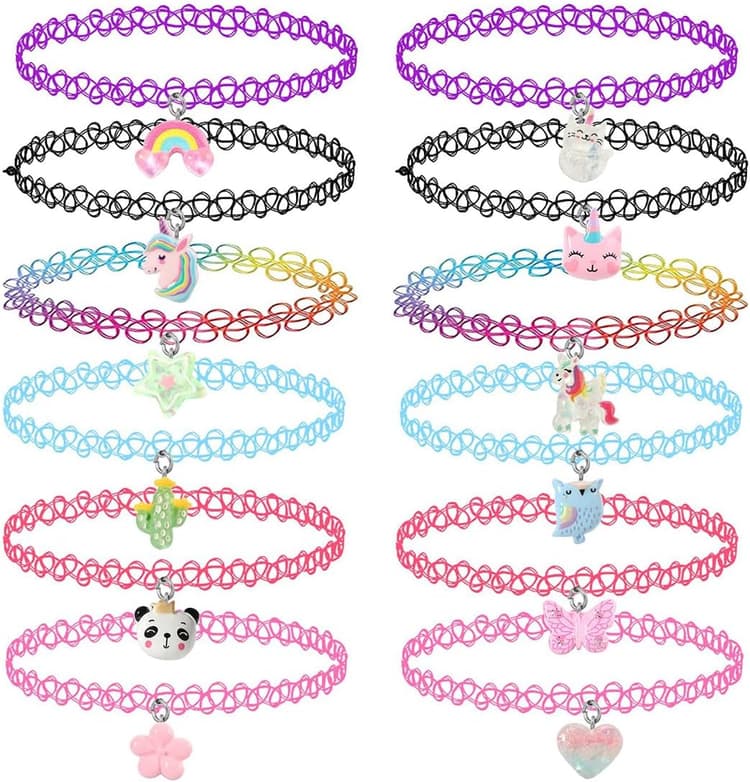 12 Pièces Tour de cou Collier pour enfants adolescents filles femmes, pendentif breloque licorne arc-en-ciel panda chat cœur fleur sirène tour de cou tatouage henné élastique