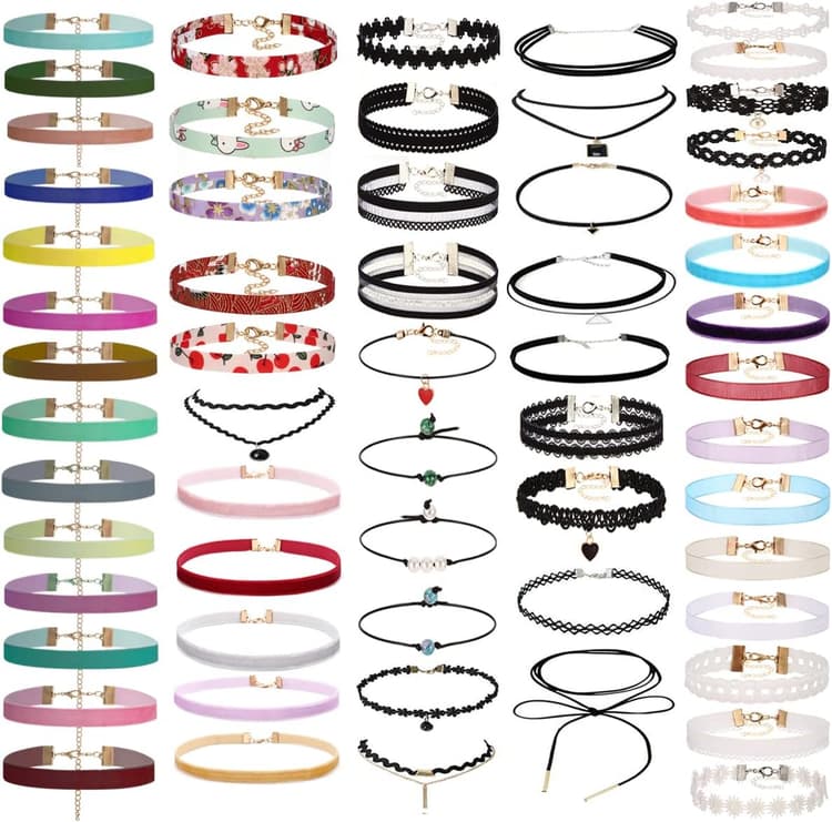 K&Q 60 PCS Choker Necklace, Classic Stretch Colorful Gothic Collar Tattoo Necklace AndBlack Layered Cute Lace Velvet Choker Necklace Set for teenagers and Women