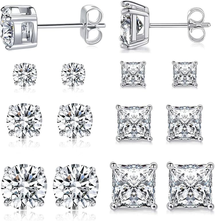 MDFUN 6 Pairs Stud Earrings Set 3mm/5mm/7mm Princess & Round Cubic Zirconia Earrings Hypoallergenic 316L Surgical Stainless Steel CZ Earrings for Women Men
