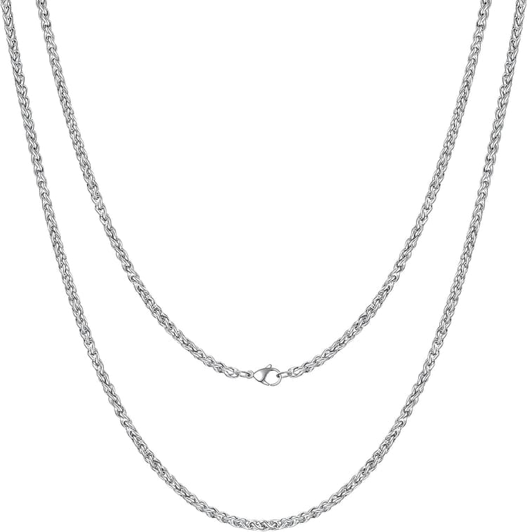 Maille Spiga Blé Chaine for Homme Collier Acier Inoxydable Chaine Argent Homme 3mm Longueur 46/51/55/61/66cm