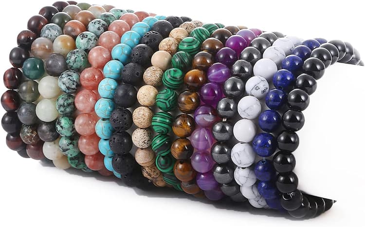 SONNYX 15 PCS 8mm Gorgeous Semi-Precious Gemstones Bracelets Round Beaded Bracelets for Women Men Stone Crystal Stretch Beads Bracelet Unisex